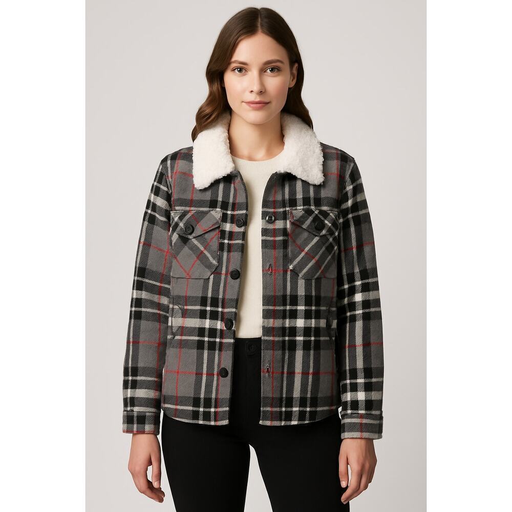 New Special One Premium Boutique Sherpa Plaid Coat Gray Black Soft Thick M